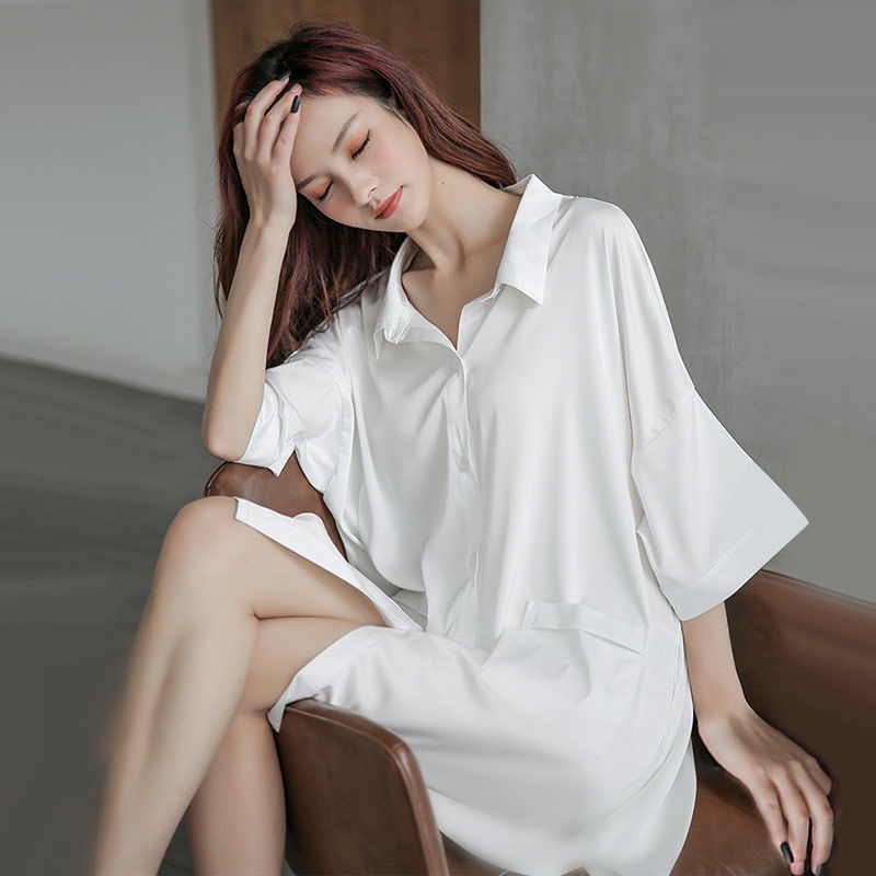 Váy sơ mi mặc nhà - đầm ngủ sơ mi dáng suông dài basic vintage Hàn Quốc đơn giản nhẹ nhàng B95