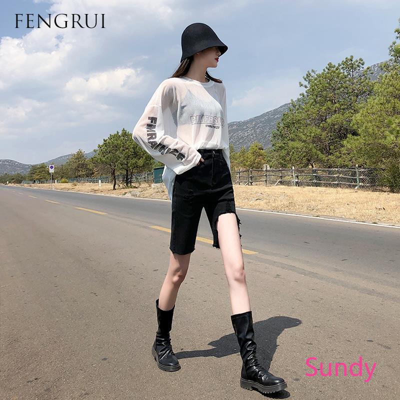 Quần Short Denim Nữ Lưng Cao Xẻ Rách Phong Cách Hàn Quốc