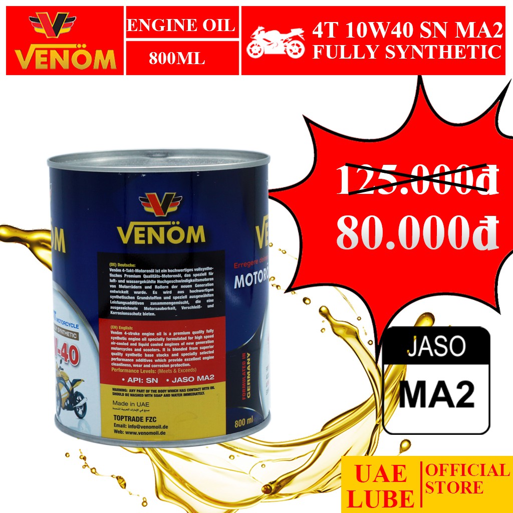 Nhớt Lon Tổng Hợp VENOM 10W40 800ml Nhập Khẩu - VENOM FULLY SYNTHETIC OIL SN MA2 - Made in UAE