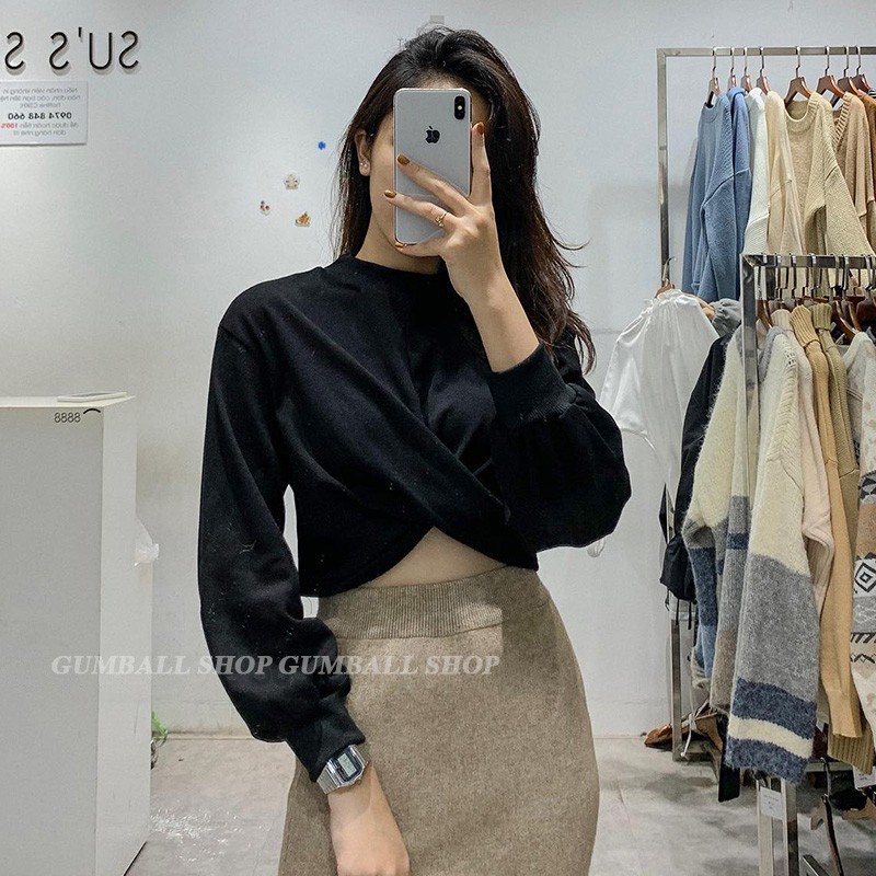 Áo croptop tay dài, áo croptop kiểu nữ tay phồng xoắn bụng vải cotton thoáng mát cá tính