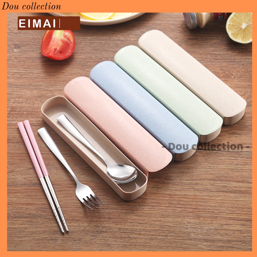 Bộ 3 Món Đũa, Muỗng, Nỉa Chất Liệu Inox 304 Không Gỉ, An Toàn Kèm Hộp Lúa Mạch Nhiều Màu - HC004