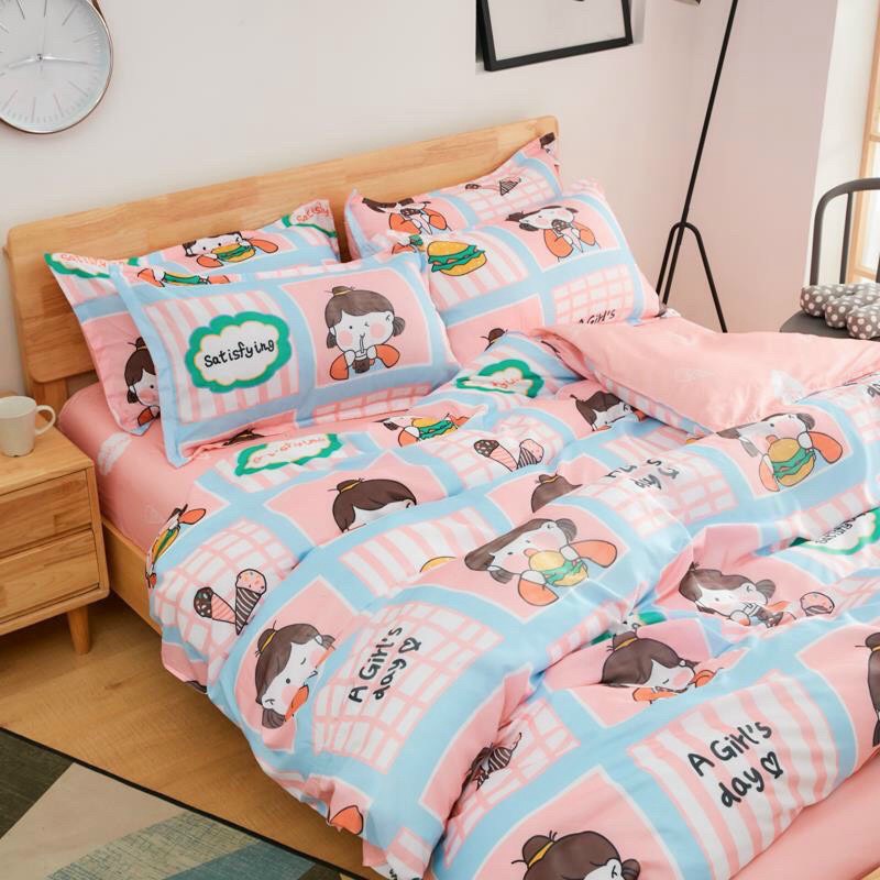 Bộ chăn ga Cotton Poly chăn ga Hàn Quốc họa tiết cô bé ăn kem đủ size miễn phí bo chun