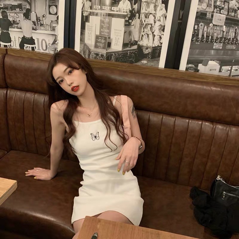 Váy 2 dây trắng bướm thun gân body ôm quyến rũ hàn quốc ulzzang | BigBuy360 - bigbuy360.vn