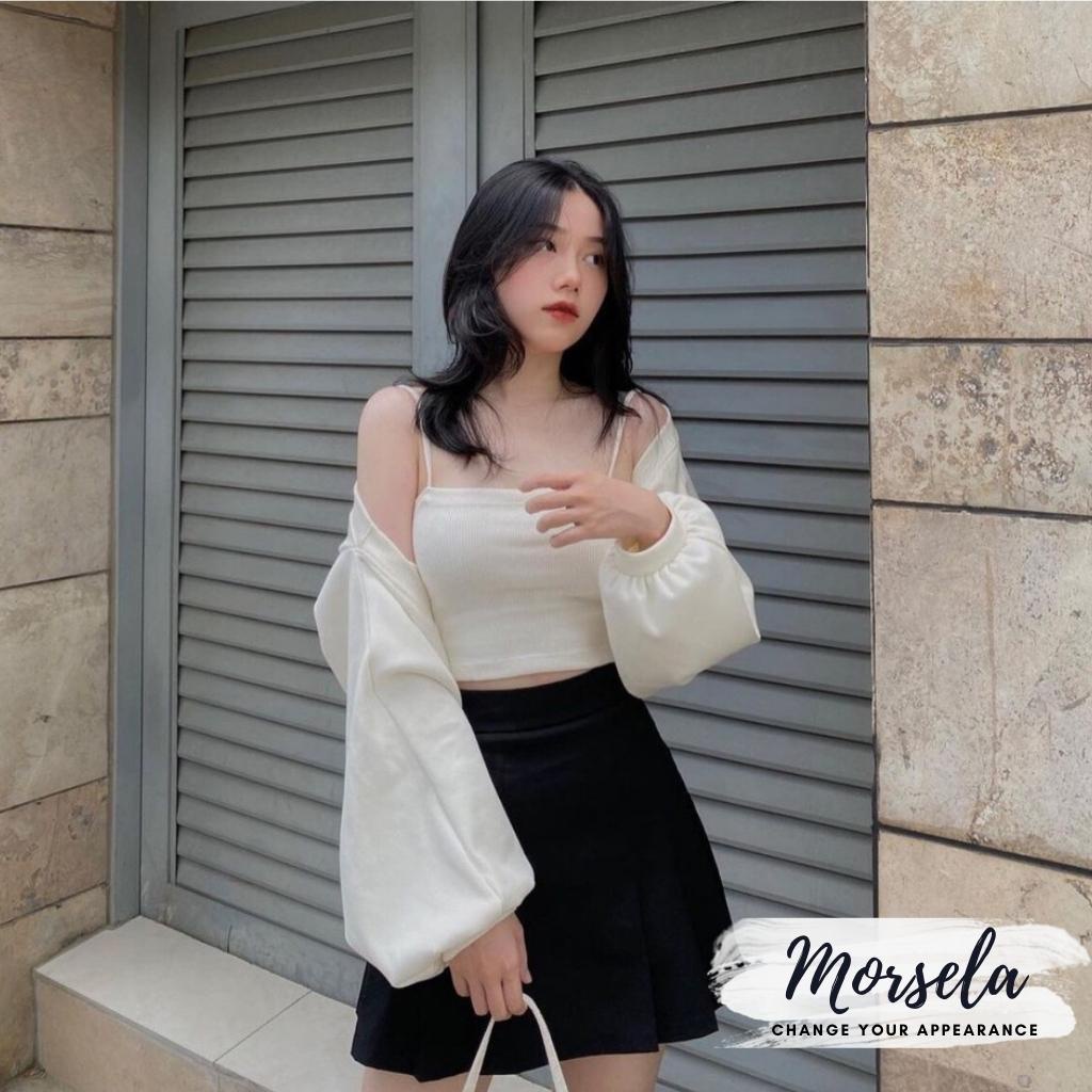 Set áo 2 dây ôm body kèm áo khoác cardigan gân dày dặn dáng tay bồng xinh xắn - Morsela -SET02