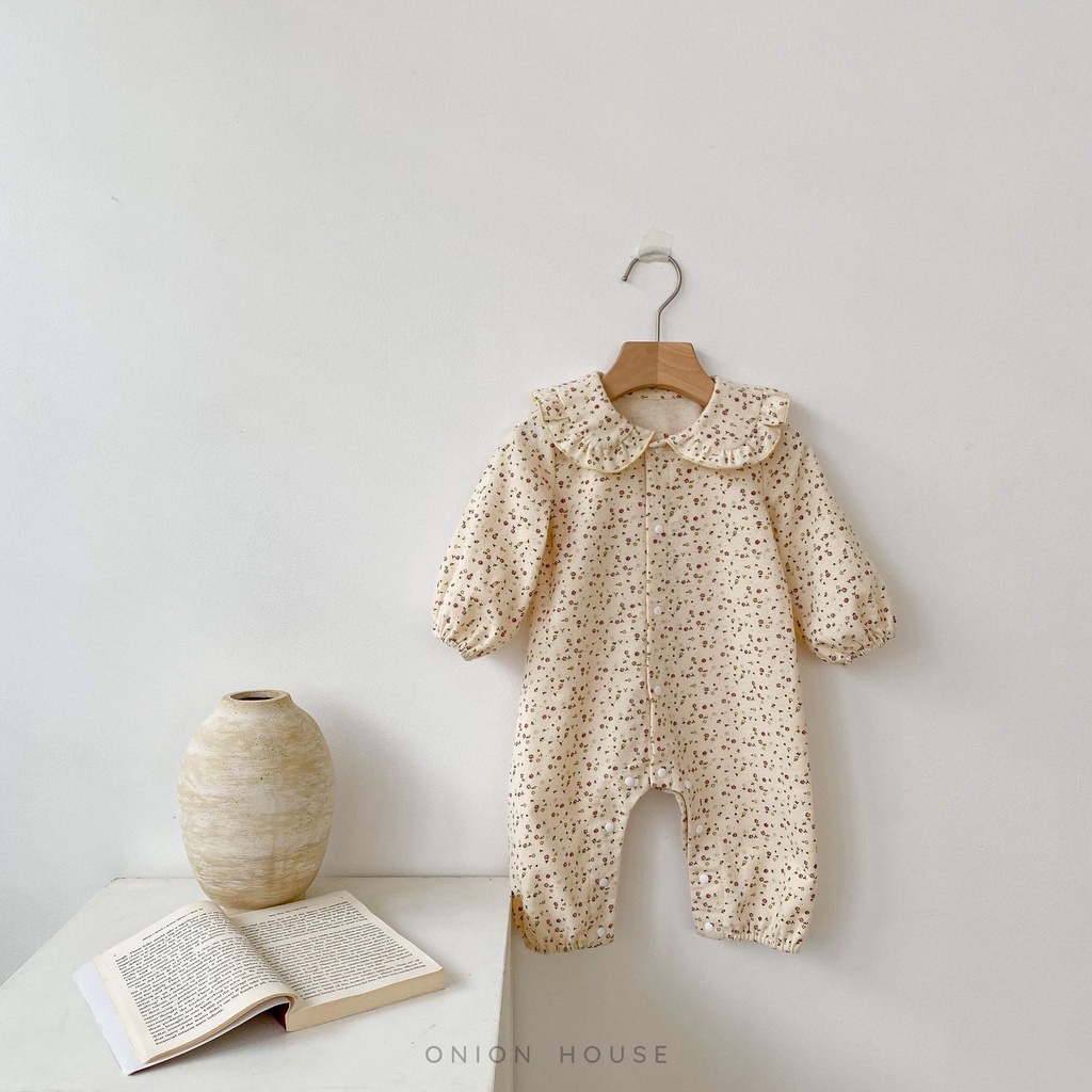 Bộ liền thân dài tay kem thô cà bông hoa nhí cổ sen bèo bé gái