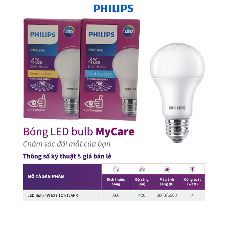 Bóng đèn PHILIPS LED BULB Mycare A60 -Công suất (4W,6W,8W,10W,12W)