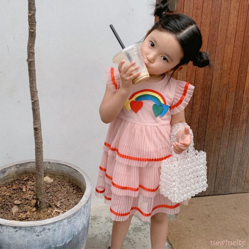 Đầm cho bé gái phối bèo thêu họa tiết cầu vồng xinh xắn