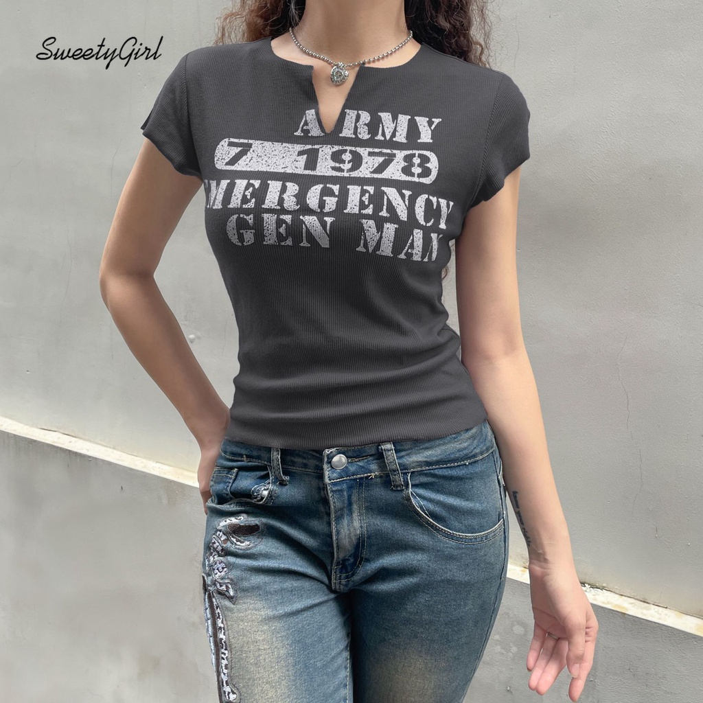 Áo Thun Ngắn Tay Cổ Chữ V In Chữ Thời Trang 2022 Cho Nữ