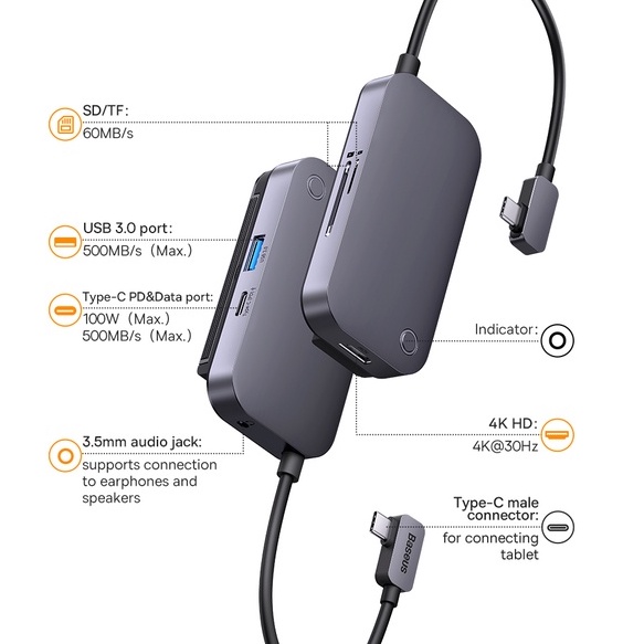 Bộ chia cổng BASEUS USB 3.0 - HDMI 6 trong 1 thích hợp cho MacBook Pro Air