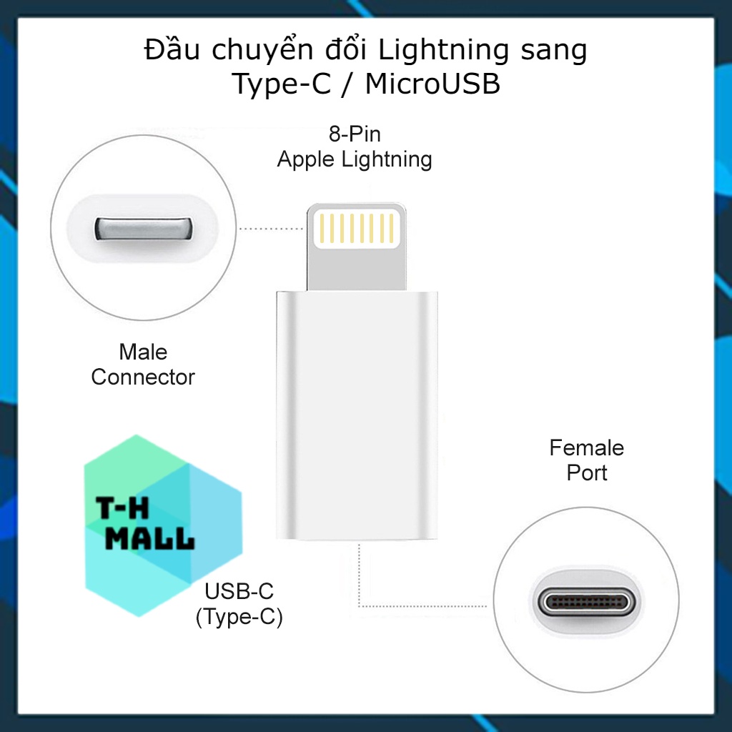 Đầu chuyển đổi từ cổng MicroUsb / type C qua lightning dành cho iPhone iPad iPod 5 đánh giá