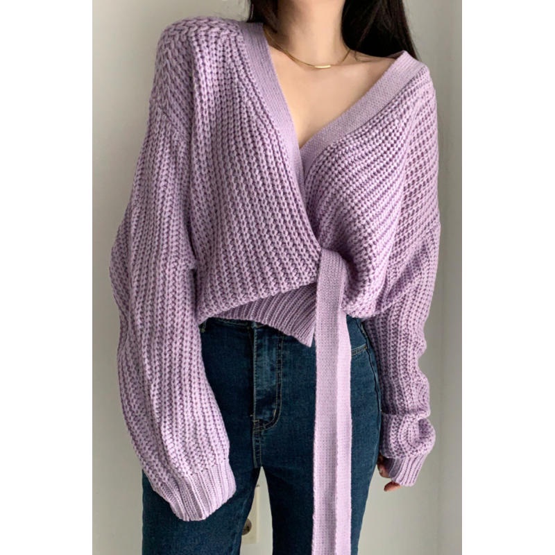 Áo Khoác Cardigan Dệt Kim J4 Cổ Chữ V Màu Tím / Trắng Thanh Lịch Phong Cách Hàn Quốc