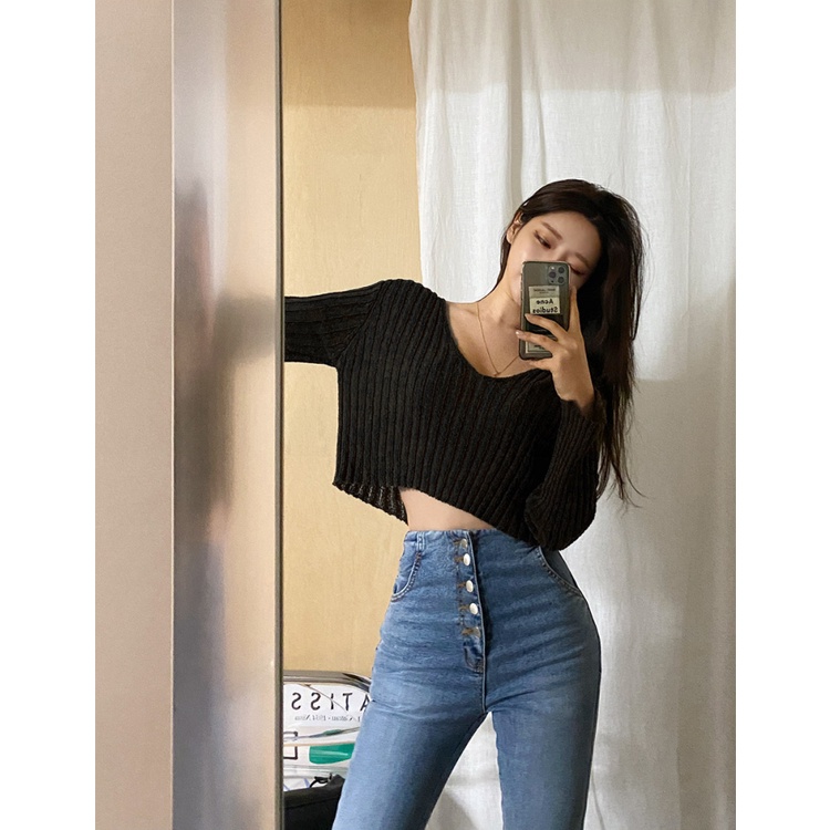 Cocory vn Áo Croptop Tay Dài Dáng Rộng Cổ Chữ V 3 Màu Thời Trang Quyến Rũ Cho Nữ