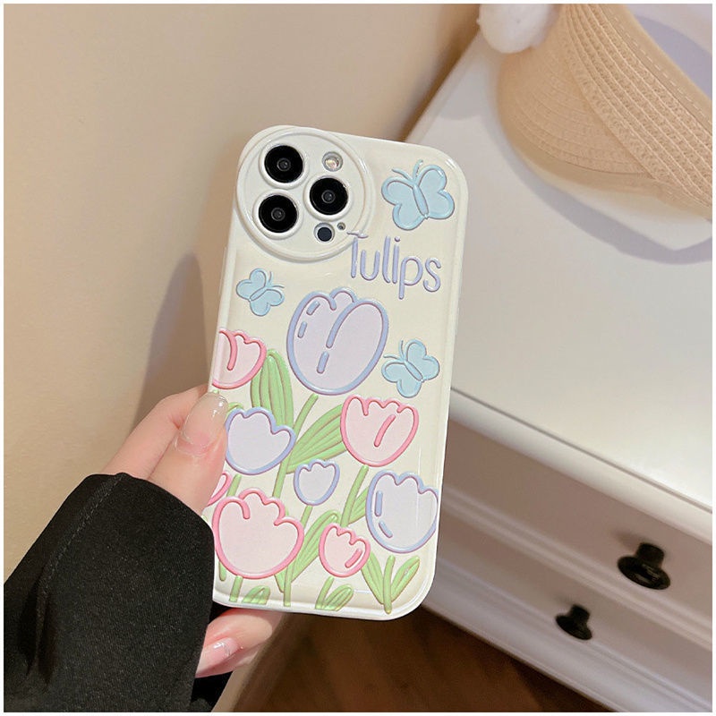Ốp Điện Thoại Hình Hoa Tulip Và Bướm Cho iPhone 12 13 11 Pro Max X Xs Max Xr