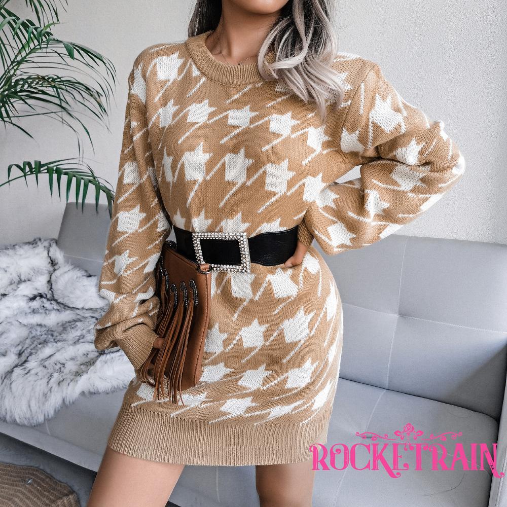 ♛♚♛Đầm len tay dài cổ tròn in họa tiết Houndstooth thời trang cho nữ