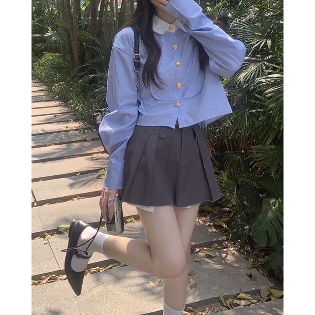 Áo sơ mi tex nữ dáng ngắn croptop màu xanh phối cúc vàng phong cách nữ sinh hoàng gia tiểu thư hot trend ulzzang
