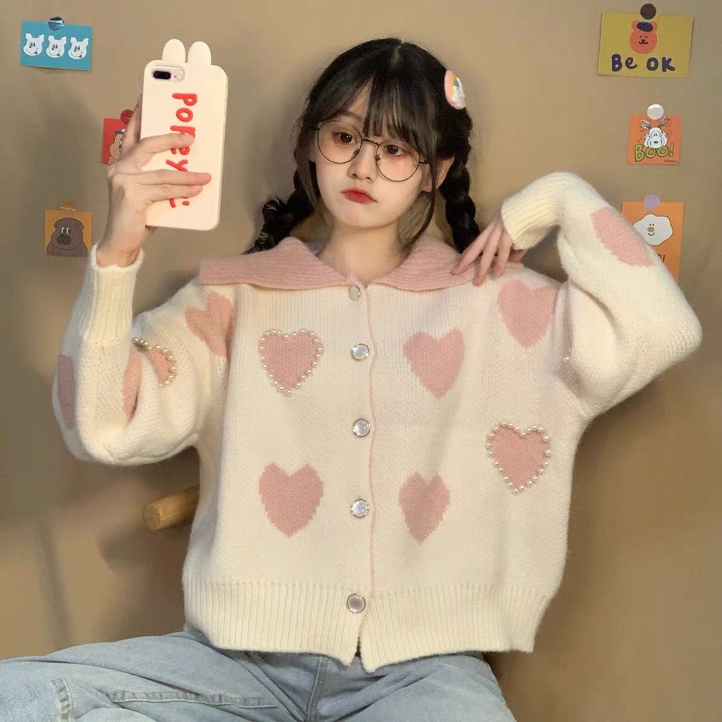 Áo khoác cardigan dệt kim họa tiết trái tim phong cách Hàn Quốc thời trang thu đông mới