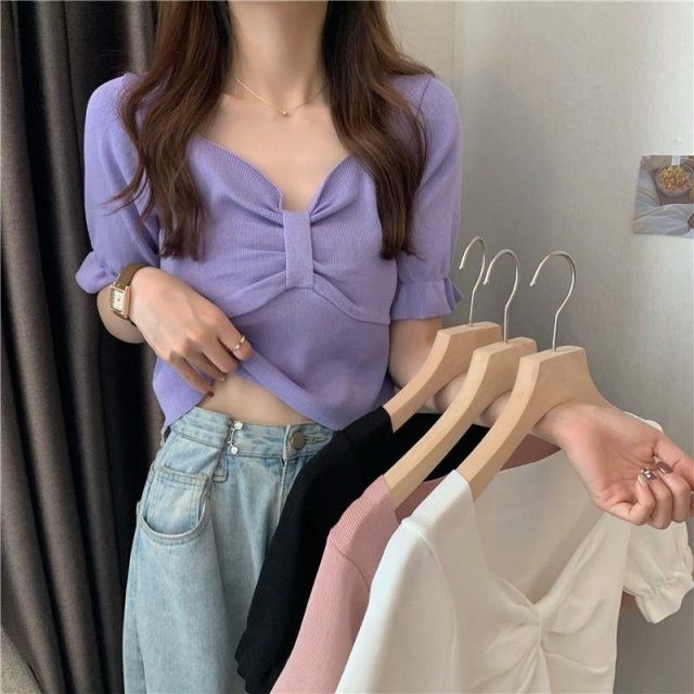 Áo Thun Tay Ngắn Cổ Chữ V Thắt Nơ