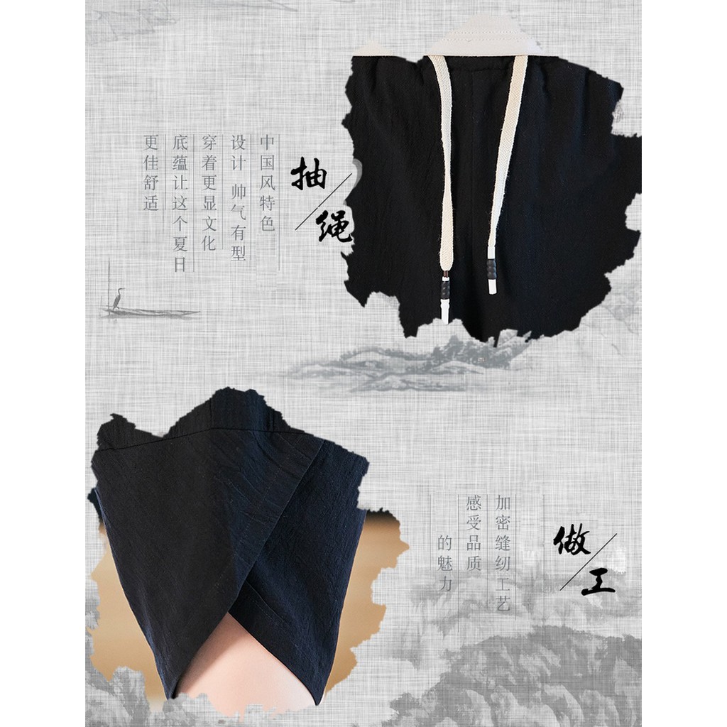 Quần harem bảy tấc vải cotton lanh mỏng ống rộng phong cách Trung Hoa thời trang mùa hè size lớn dành cho bạn nam