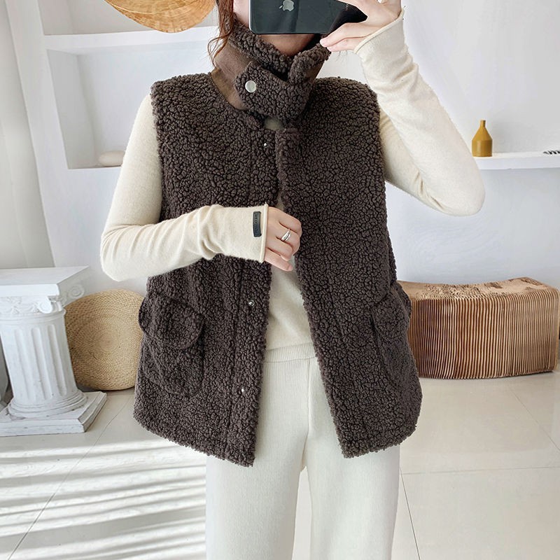 ✕Áo vest lông cừu nữ ngắn mùa thu đông 2020 ghi lê kết hợp tất cả khoác dạ Hàn Quốc