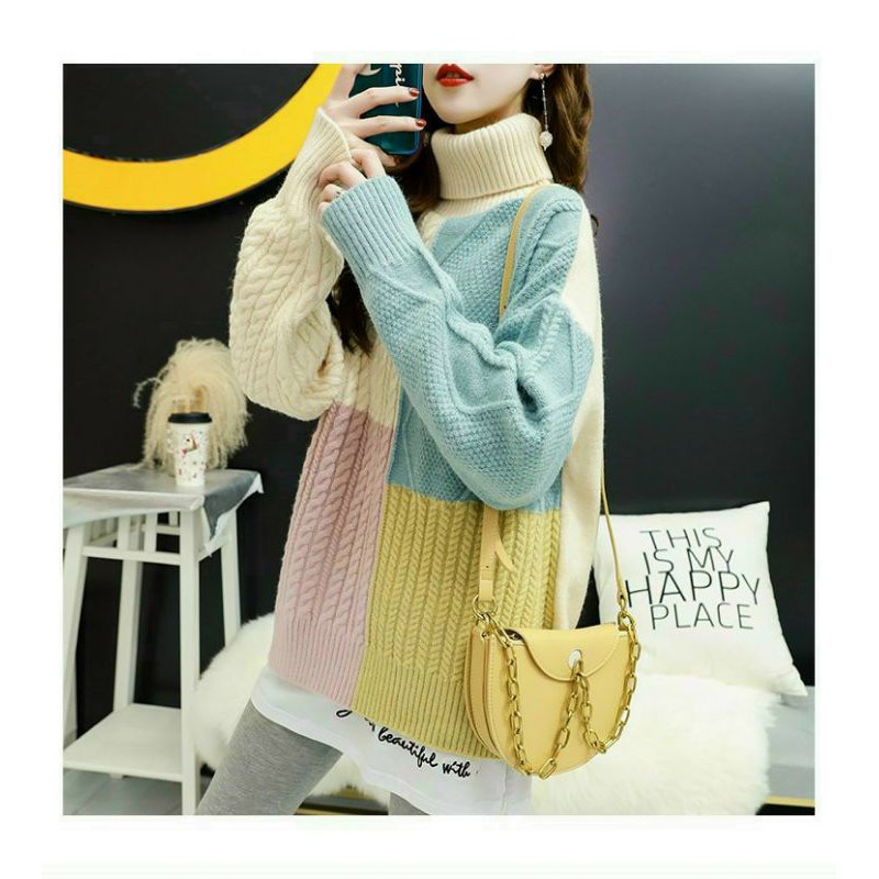 Hàng nhập - Áo len nữ cổ lọ phối màu, áo kiểu gân thừng thu đông