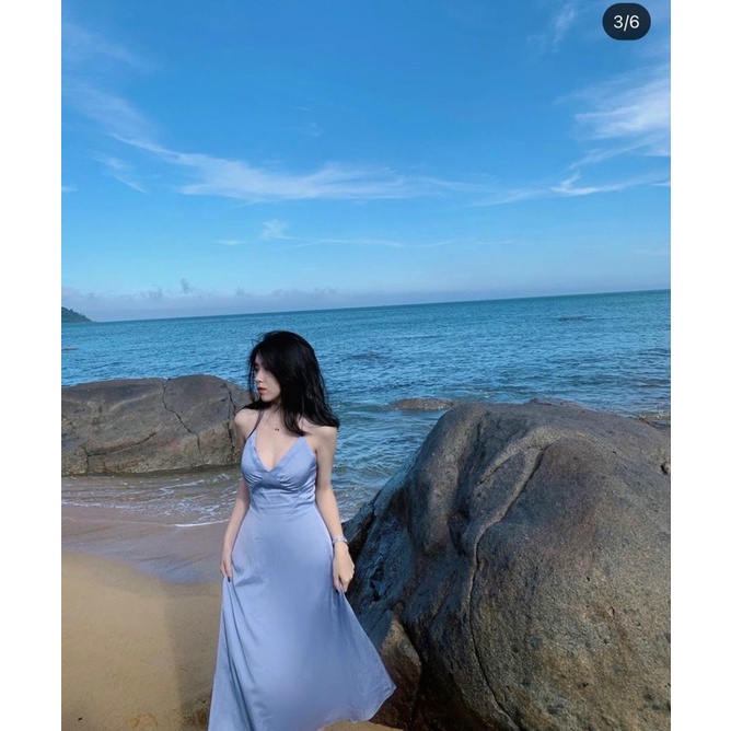 ĐẦM MIDI XANH CỔ V DÂY YẾM