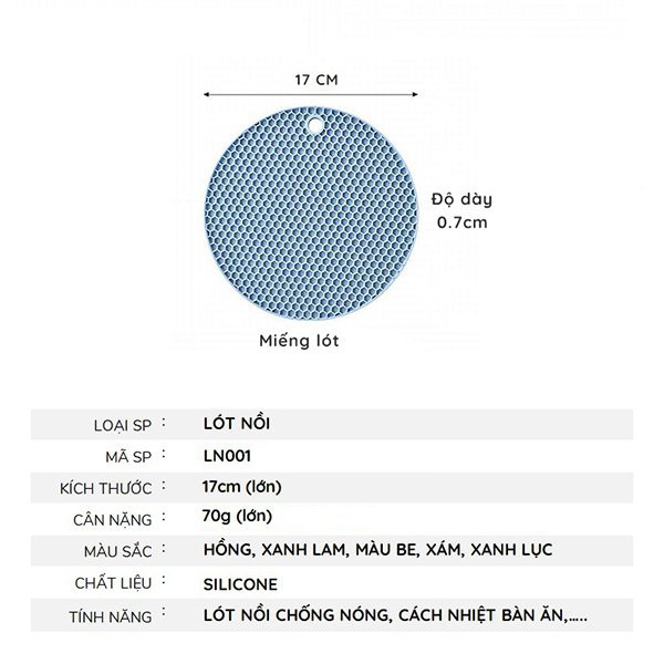 Miếng tấm silicon lót đế nồi ly cốc chén bát đĩa cách nhiệt chống trượt chịu nhiệt và chống nóng cực tốt đường kính 17cm