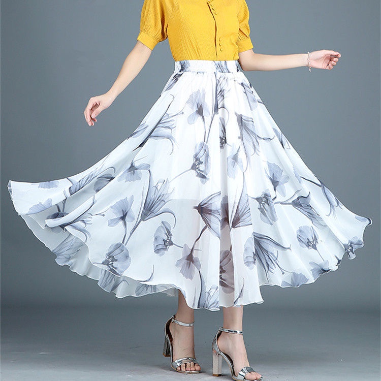 Chiffon Floral Skirt  long skirt, high waist and thin A-line skirt, printed skirt, large swing skirt, mid-length skirt