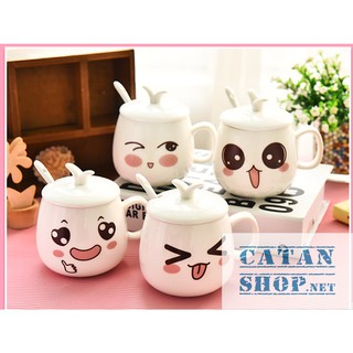 01 BỘ LY SỨ(NẮP VÀ MUỖNG), CỐC, TÁCH GỐM SỨ HÌNH CẢM XÚC, HAPPY EMOTION CHỊU NHIỆT TỐT_HK062(hình ngẫu nhiên)