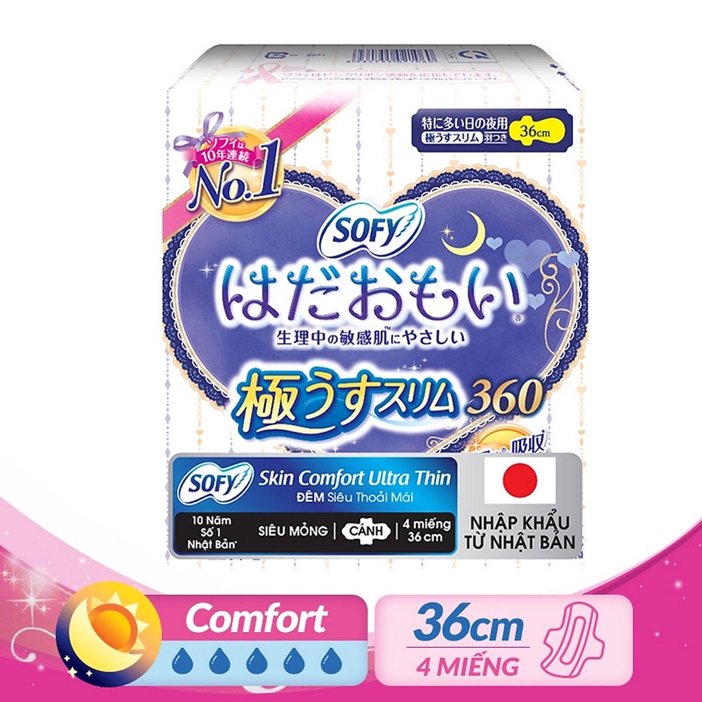 COMBO 3 Gói Băng Vệ Sinh Sofy Skin Comfort Ultra Thin 36cm Đêm Siêu Thoải Mái Siêu Mỏng Cánh 4 Miếng