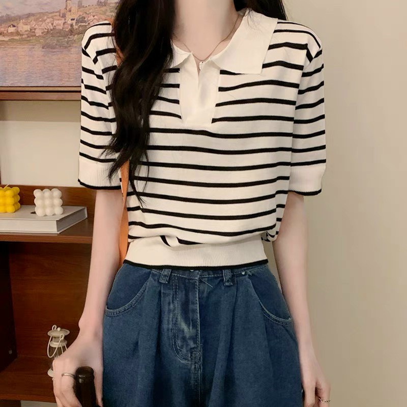 Áo kiểu nữ tay ngắn cổ chữ V kẻ sọc thời trang, áo len kẻ polo basic chất mongtoghi free size cá tính hàng Quảng Châu