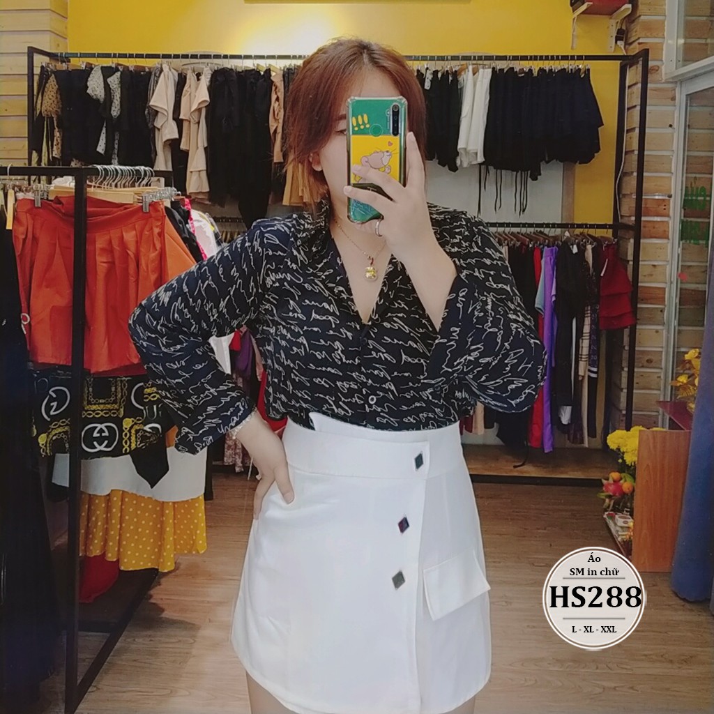 Áo sơ mi nữ bigsize in chữ - Size 55-90kg L XL XXL  - Phôm Áo kiểu bigsize nữ - Đi chơi công sở - Màu Đen Trắng HS288