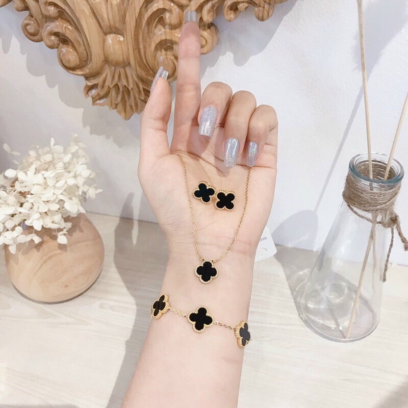 Set dây chuyền bông tai lắc tay titan 4 lá cam kết không đen k gỉ