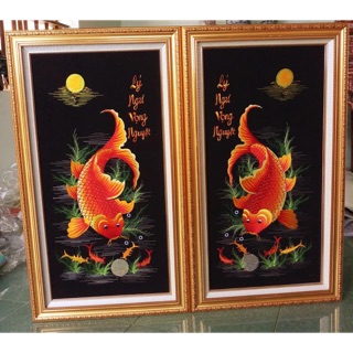 Tranh lụa thêu vi tính Lý ngư vọng nguyệt