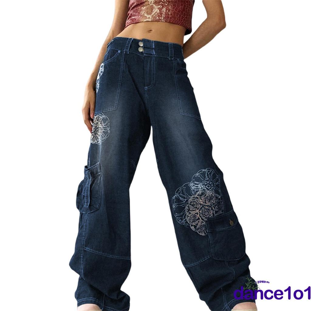Quần jeans ống rộng lưng vừa in họa tiết phong cách cổ điển cho nữ