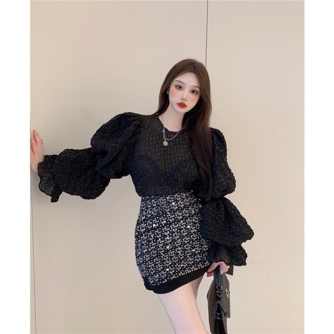 Set áo tiểu thư dự tiệc tay phồng bồng cổ tròn chân váy ngắn dạ tweed cạp cao quần vải short ngắn cạp cao âu nữ