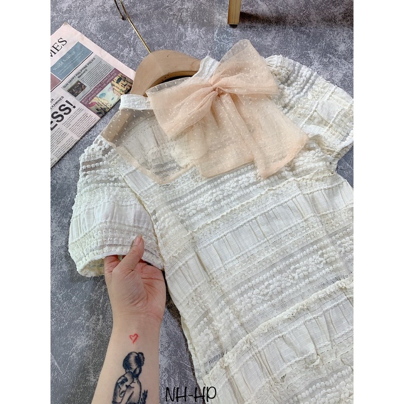 ÁO PHỐI REN KÈM NƠ TAY CỘC