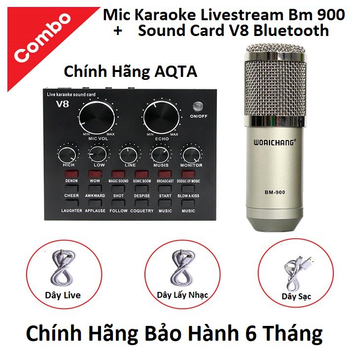 Soundcard V8 Chính Hãng Có Bluetooth + Mic Karaoke Livetream BM 900 Cao Cấp, Có AutoTune Chuẩn Phòng Thu (Tặng Tai Nghe)