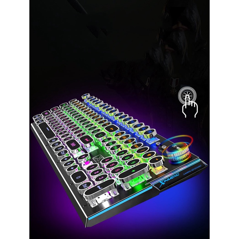 Bàn phím cơ Blue switch XinMeng K901, Bàn phím gaming chính hãng led RGB Phím tròn mạ bạc cá tính có núm xoay đa năng
