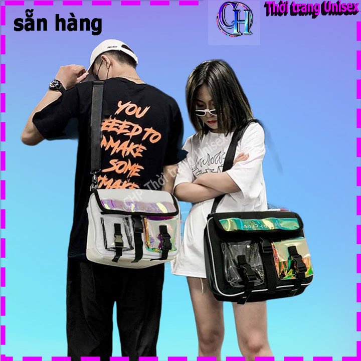 Túi Đeo Chéo Nam Nữ phối nhựa trong 2 Nắp  FREESHIP  phản quang ánh màu dây đeo bản lớn ( tặng kèm nón kết )