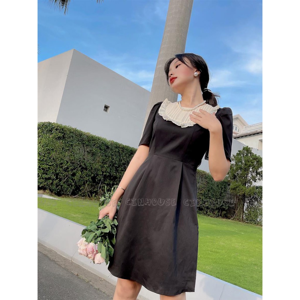 Đầm đen cổ trắng bèo tiểu thư 0104