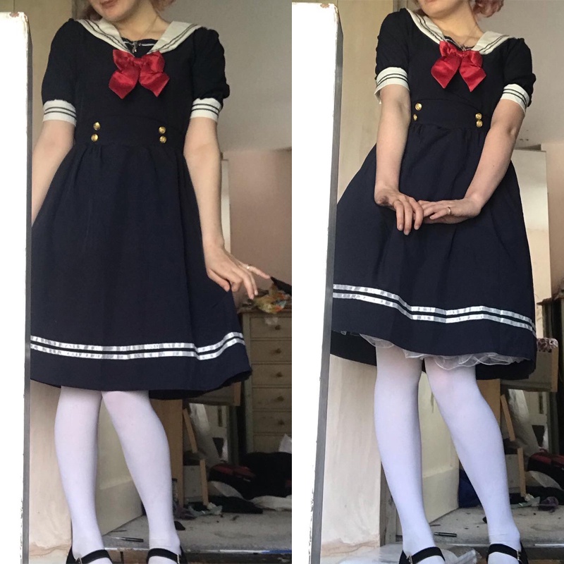 Đầm Nữ Ngắn Tay Cổ Thủy Thủ Phong Cách lolita Nhật Bản Đáng Yêu