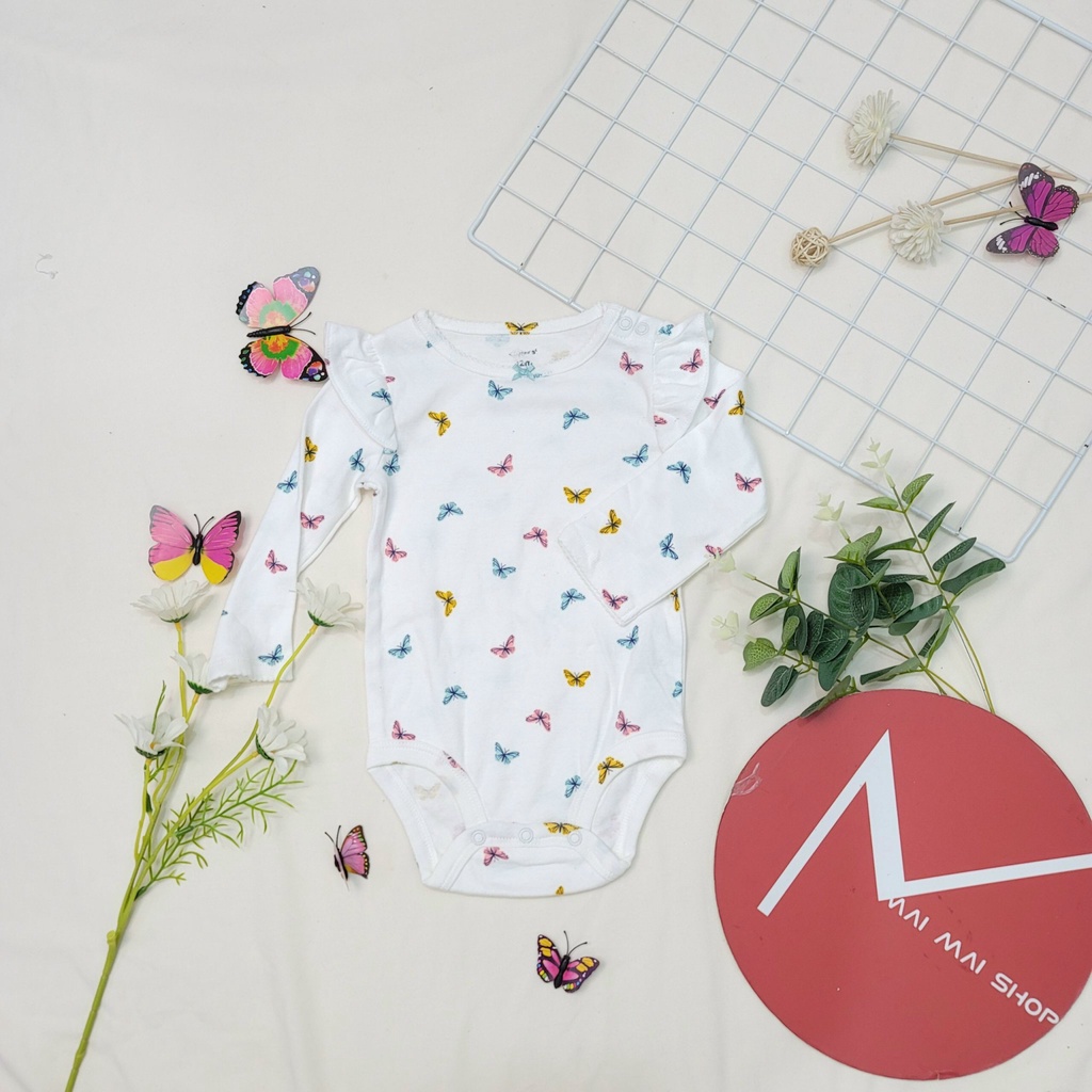 (9-12M chọn màu- gái) Body chip TAY DÀI xuất dư cổ tròn, cổ đáp vai cho bé gái- Bộ liền thân, BODYSUIT cho bé