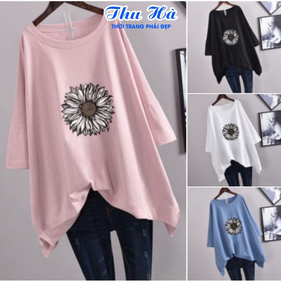 Áo phông unisex freesize form rộng tay lỡ Thu Hà chất liệu thun Cotton in hình Hoa Hướng Dương