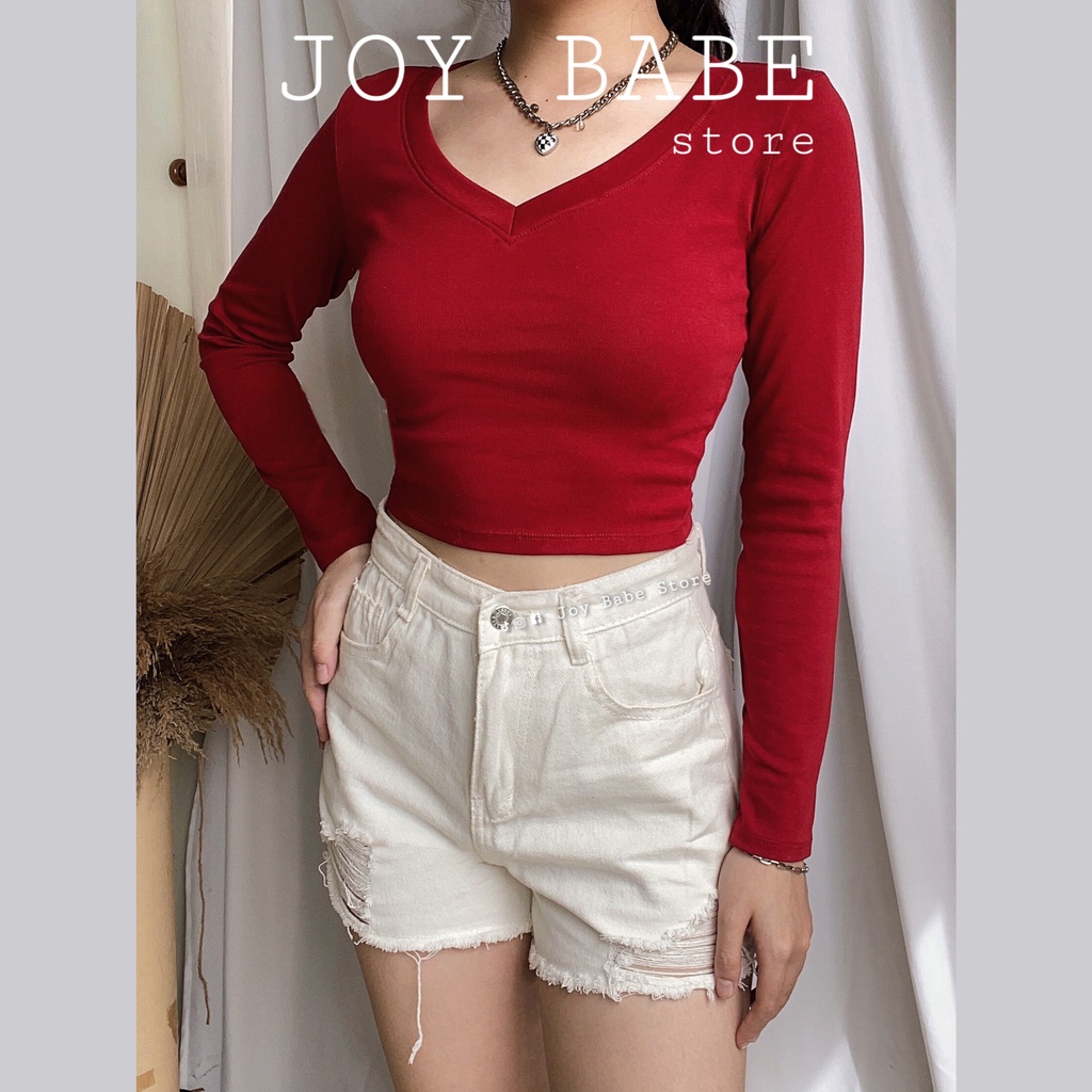 Áo croptop cổ tim ❤️ tay dài Basic JOY BABE 🖤 thun xịn đường may tỉ mỉ Forever 21 ⚡ cổ chữ V áo kiểu hot girl CROD 2 -2E