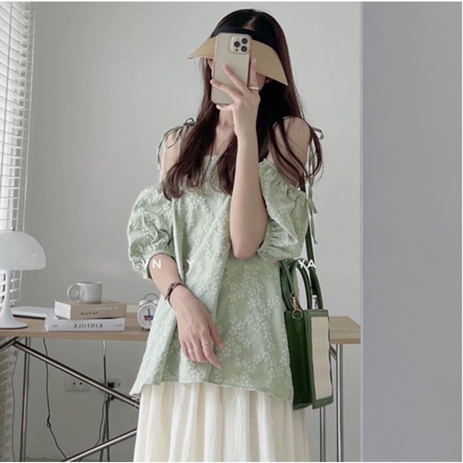 Áo 2s trễ vai hoa gấm buộc dây có thể điều chỉnh hàng quảng châu cao cấp-Minxy shop