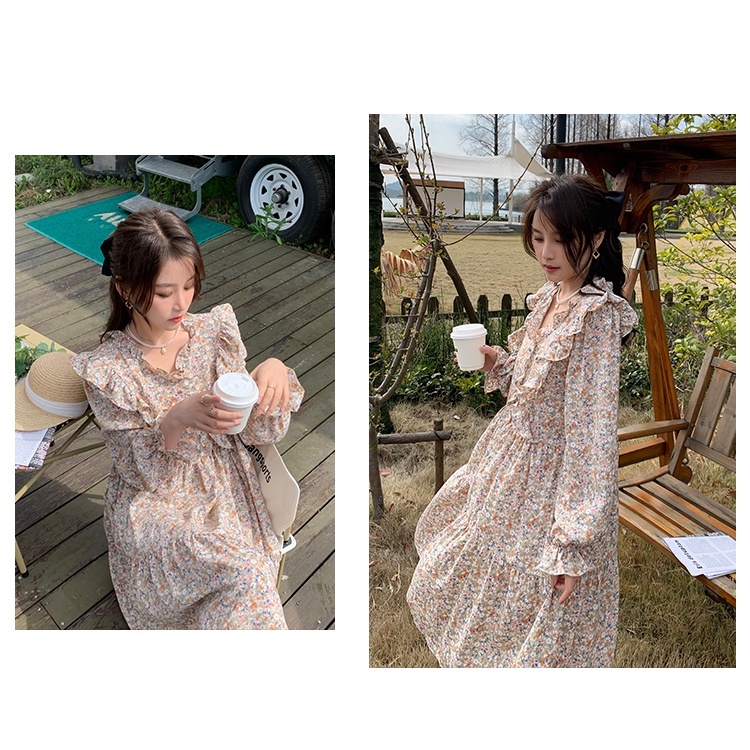 Váy hoa nhí dáng dài phong cách vintage siêu xinh hoa hồng tay dài