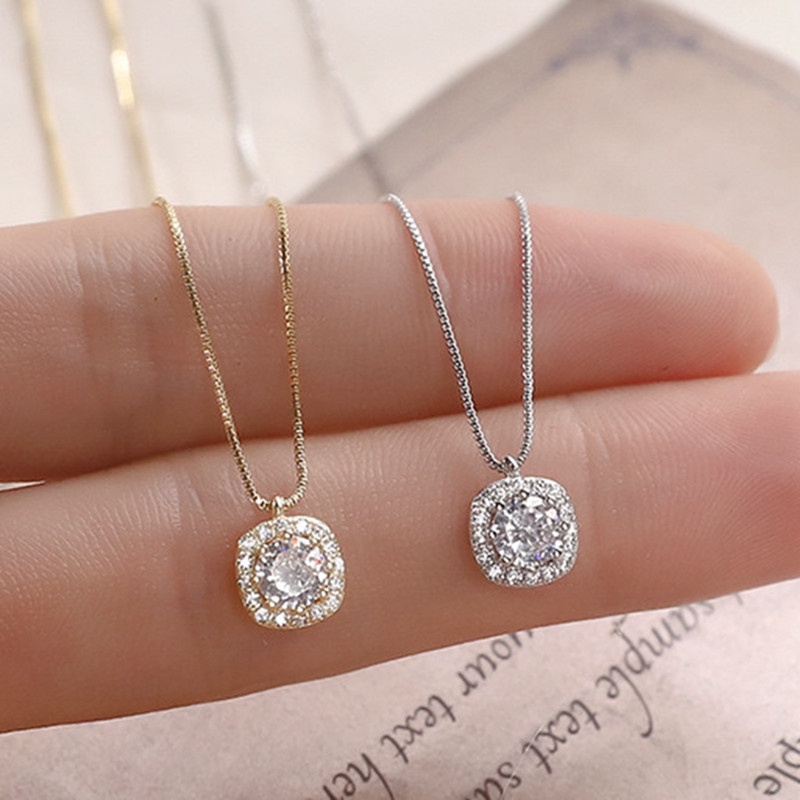 Vòng cổ Mạ Bạc Mặt Vuông Đính Đá Thời Trang