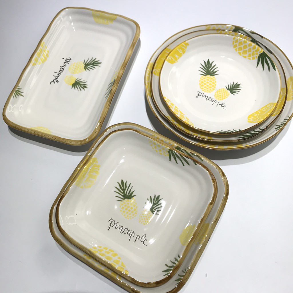 Đĩa sứ decor , dĩa sứ tròn đẹp họa tiết dứa Holame