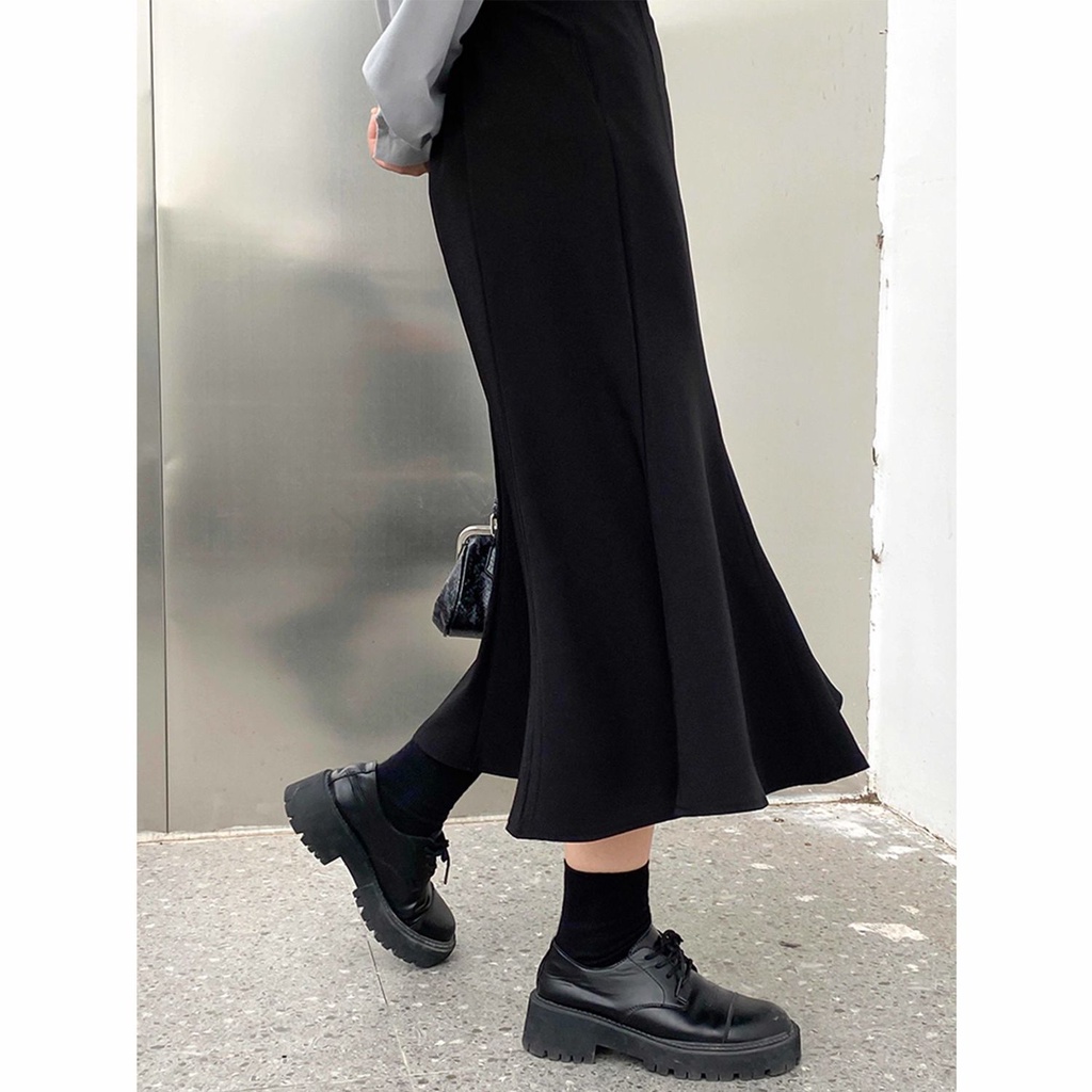 Chân Váy midi Chữ A Lưng Cao Viền Bèo Màu Đen Đơn Giản Phong Cách Hàn Quốc Thời Trang