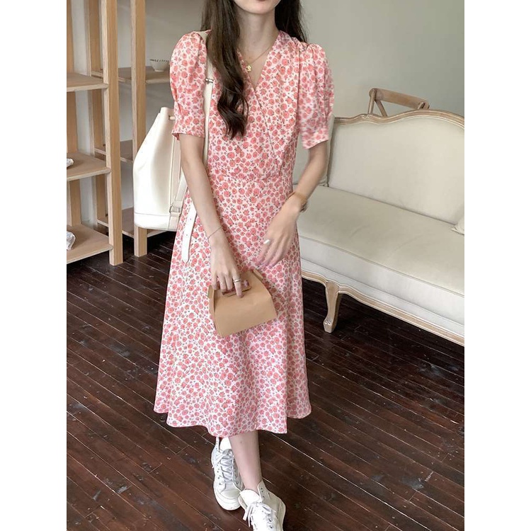 Đầm Hoa Hồng Nhấn Eo Phong Cách Pháp Thời Trang Mùa Hè Cho Nữ